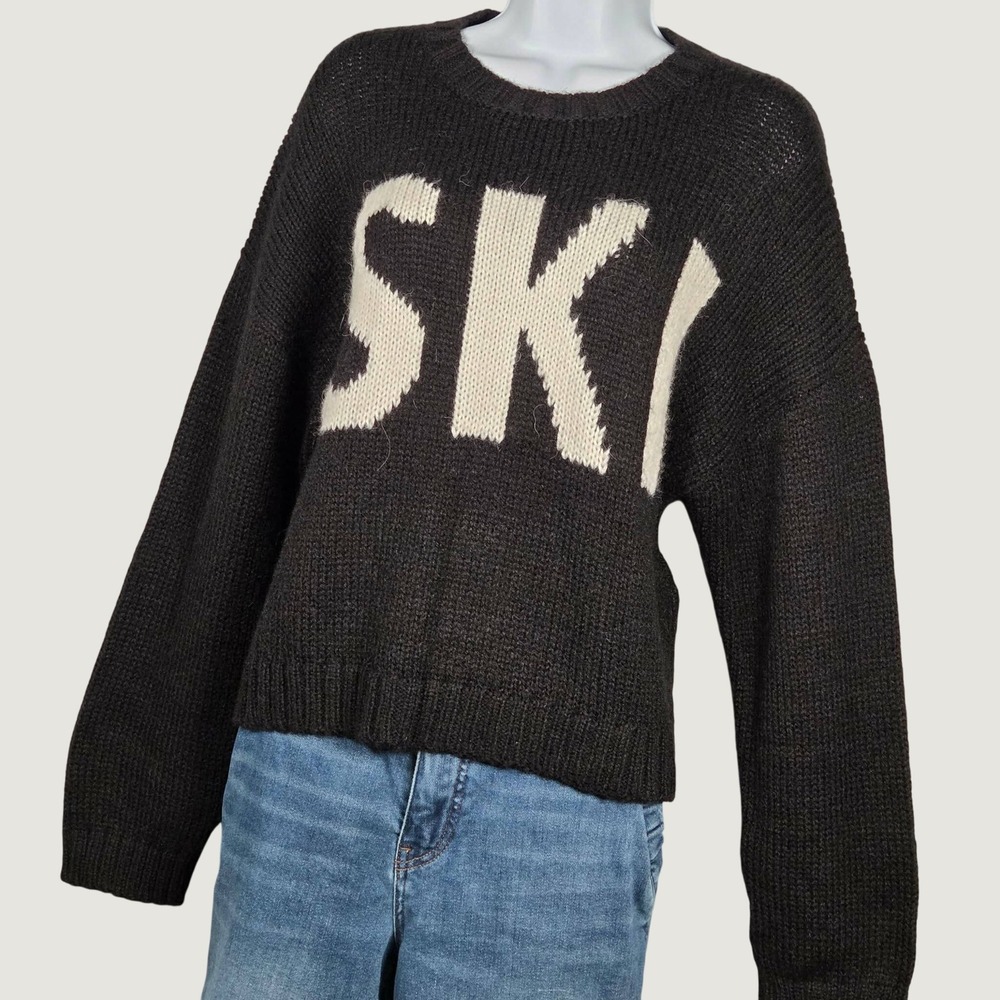 Krimson Klover NEW Women Large Ski Spell Out Sweater Black Alpaca Blend 2024